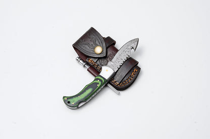 Green Micarta Damascus Gut Hook Hunting Knife TK-441