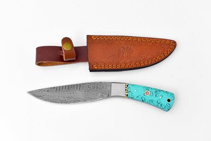 Damascus Steel Drop Point Outdoor Chopping Tool | Azure Turquoise Resin Handle TK-118