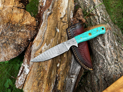 CUSTOM HANDMADE FORGED DAMASCUS STEEL HUNTING KNIFE BLADE WITH Acrylic SCALES TK-016