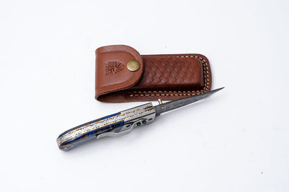 Hand-Engraved Folding Knife with Leather Sheath – Damascus-Inspired Detailing - TK-416